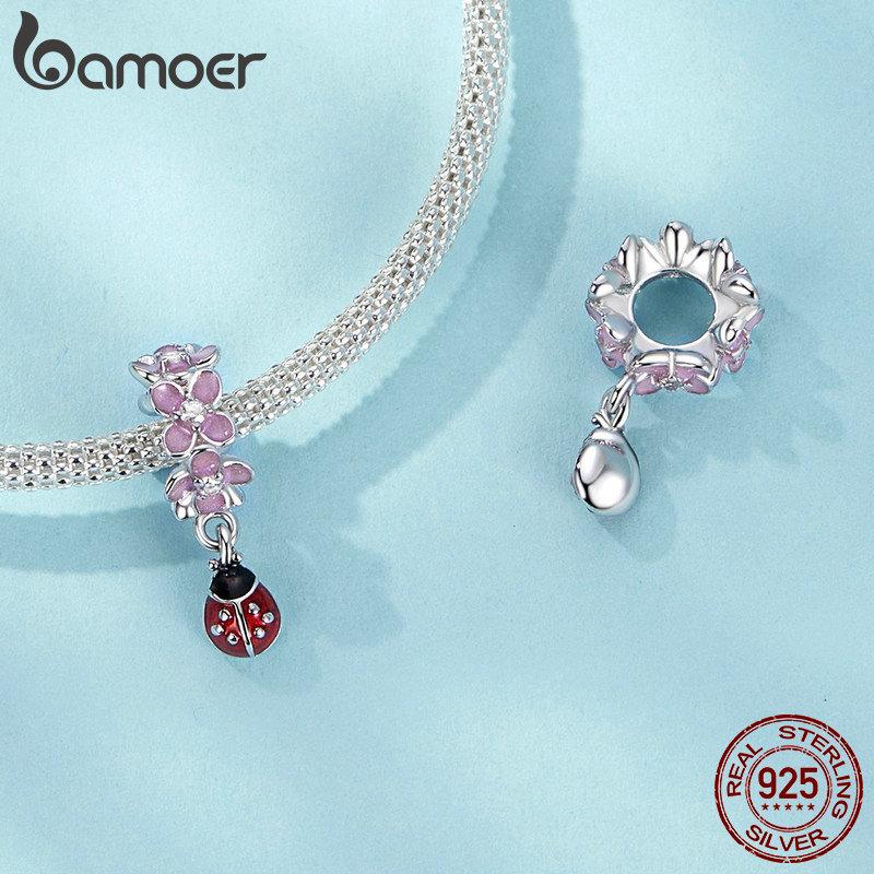 Bamoer 925 пробы серебро ослепительный циркон розовый цветок подвески божья коровка бусины для женщин браслет и ожерелье DIY ювелирные изделия