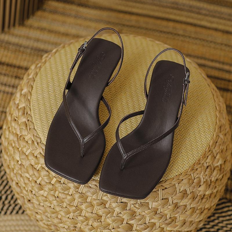 Women Sandals Leather High Heeled Sandals Women's Slippers Summer Outside Stiletto Back Strap Threaded Flip Flops Cool Slippers