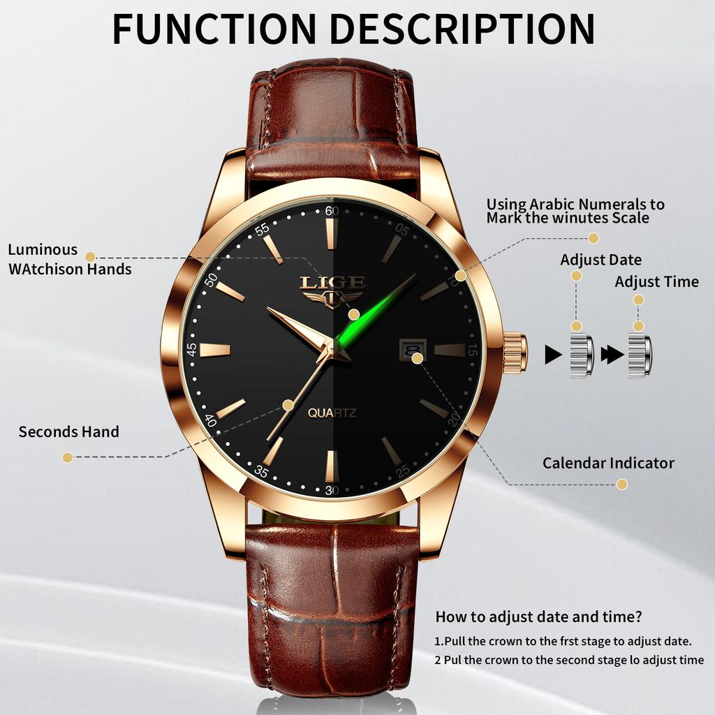 LIGE New Military Watch for Men Luxury Leather Man Wristwatch Quartz Clock Waterproof Luminous Date Week Men's Watches Reloj+box