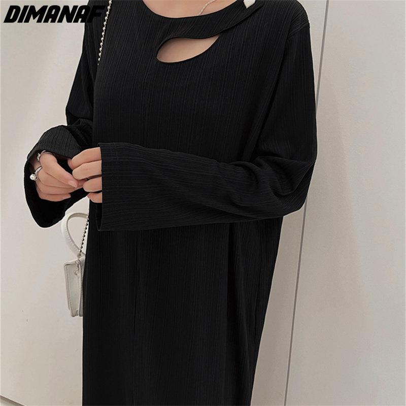 Dimanaf Женское 2022 новое осеннее платье в полоску больших размеров, элегантное длинное платье, свободное платье с круглым вырезом, черные платья макси