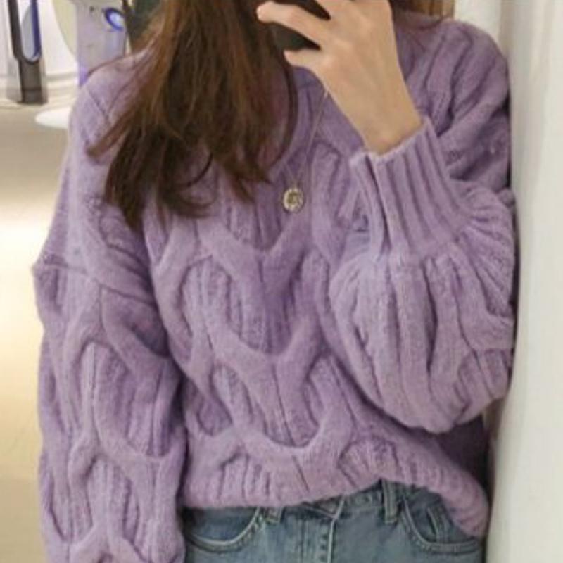 Lantern Sleeves Round Neck Twist Sweater Female Daily Casual Autumn and Winter Korean Version of Loose Thickened Twist Pullover Knitted Sweaters