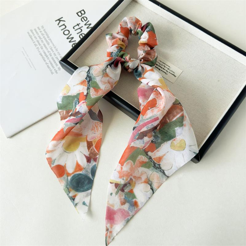 Artistic Oil Painting Style Ribbon Scrunchies Colorful Floral Print Hair Ties With Long Streamer Elegant Headwear For Art Lovers