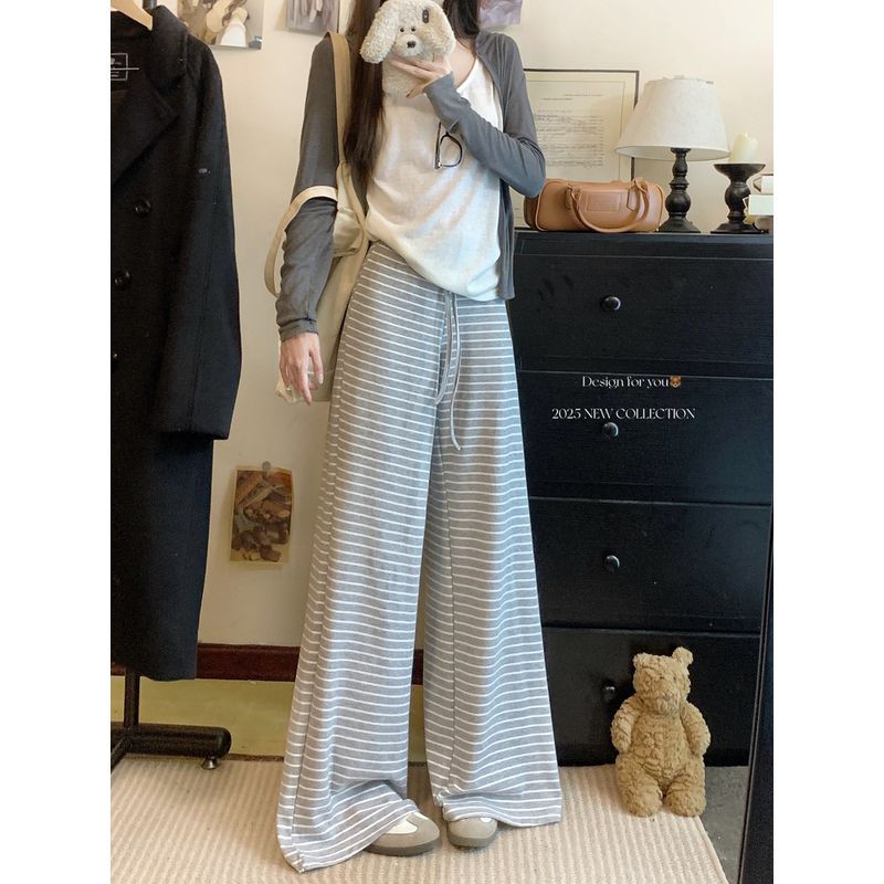 Kumikumi Stripes Drawstring High Waist Casual Pants Straight-Leg Pants Women Autumn Chic Loose Figure Flattering Mopping Pants Pants