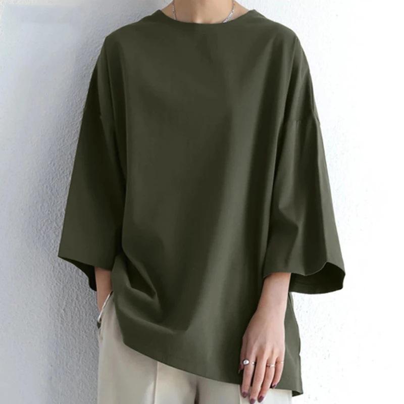 Women's 2024 Spring/Summer Solid Color Crew Neck Slit Long Sleeve Loose Top