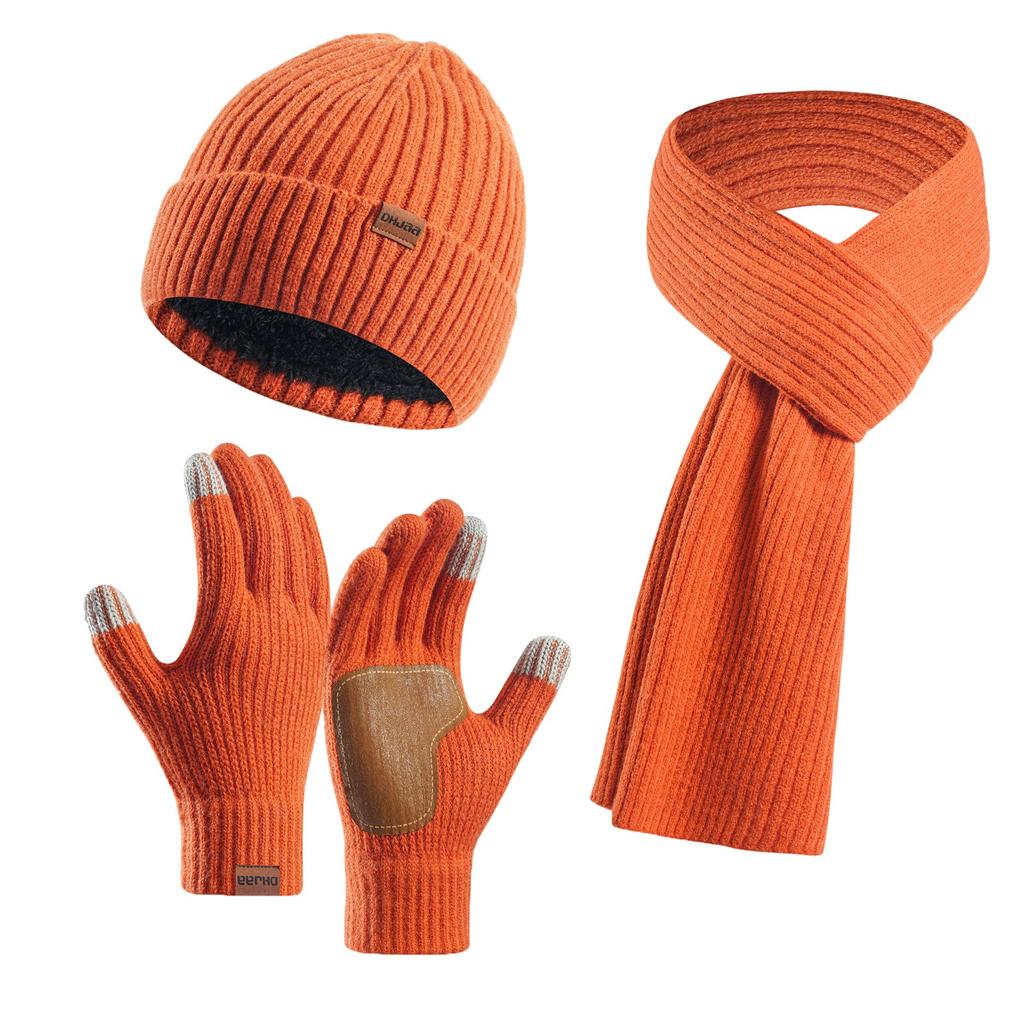 Couple Style Warm Wool Hat Knitted Plus Velvet Thickened Adult Hat Scarf Gloves Three-piece Set