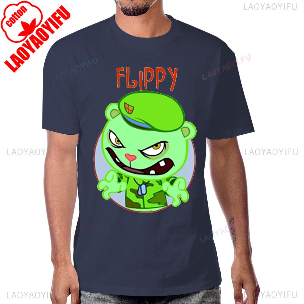 Футболка с принтом Happy Tree Friends Аниме Винтажный Мультфильм 90-е Короткий Рукав Летний Стиль Мужская Футболка Черный Юмор Графика Хлопковая Футболка