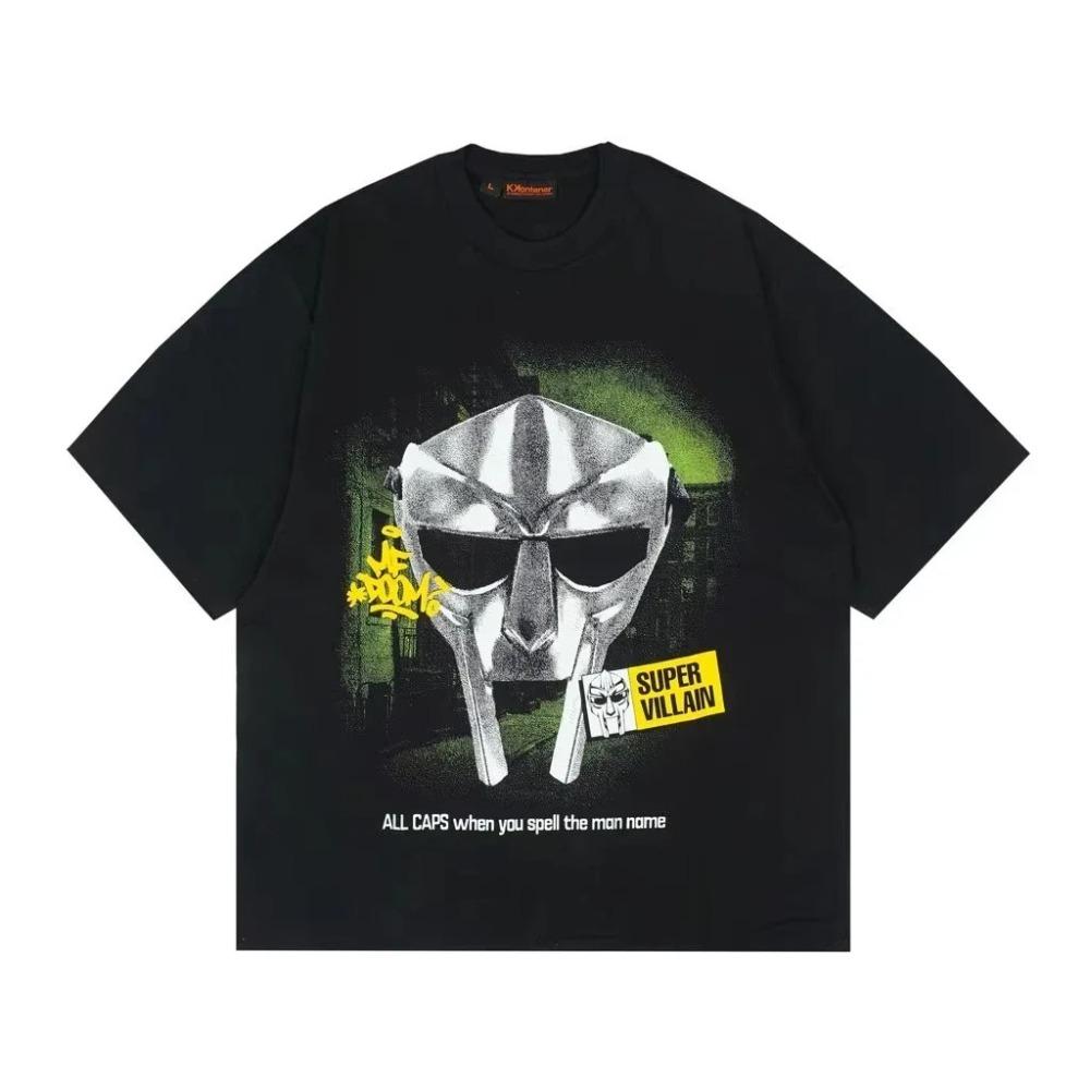 Черная футболка с графическим изображением металлической маски MF DOOM с эффектом глитча | Уличная одежда для фанатов хип-хопа/рэпа Мерч Футболка