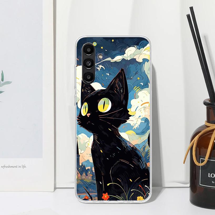 Милый черный кот Мяу Чехол для телефона Аниме Для Samsung Galaxy A17 A37 A57 A16 A26 A36 A56 A15 A25 A35 A55 A14 A24 A34 A54 A13 A23 A33