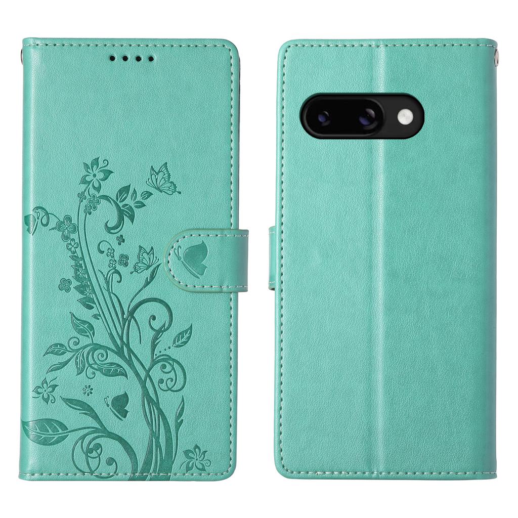 For Google Pixel 9a Wallet Case Butterfly Floral Imprint PU Leather Phone Cover with Wrist Strap