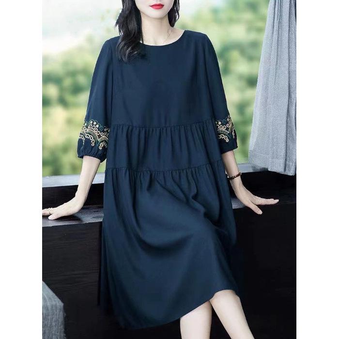 Летнее платье в этническом стиле с вышивкой - Большой размер, свободный крой в стиле ретро