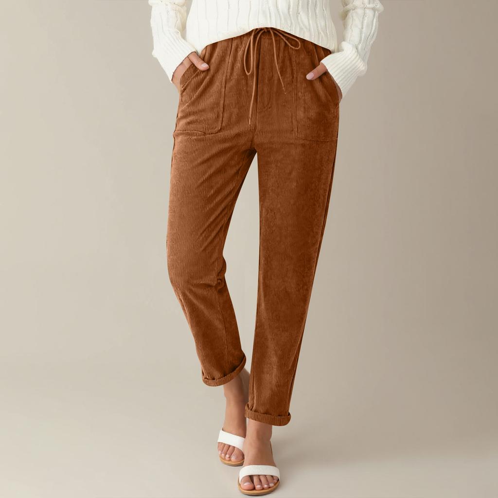 Corduroy Pants For Women Casual Drawstring Elastic High Waist Straight Leg Pants Loose Comfy Trousers With Pockets