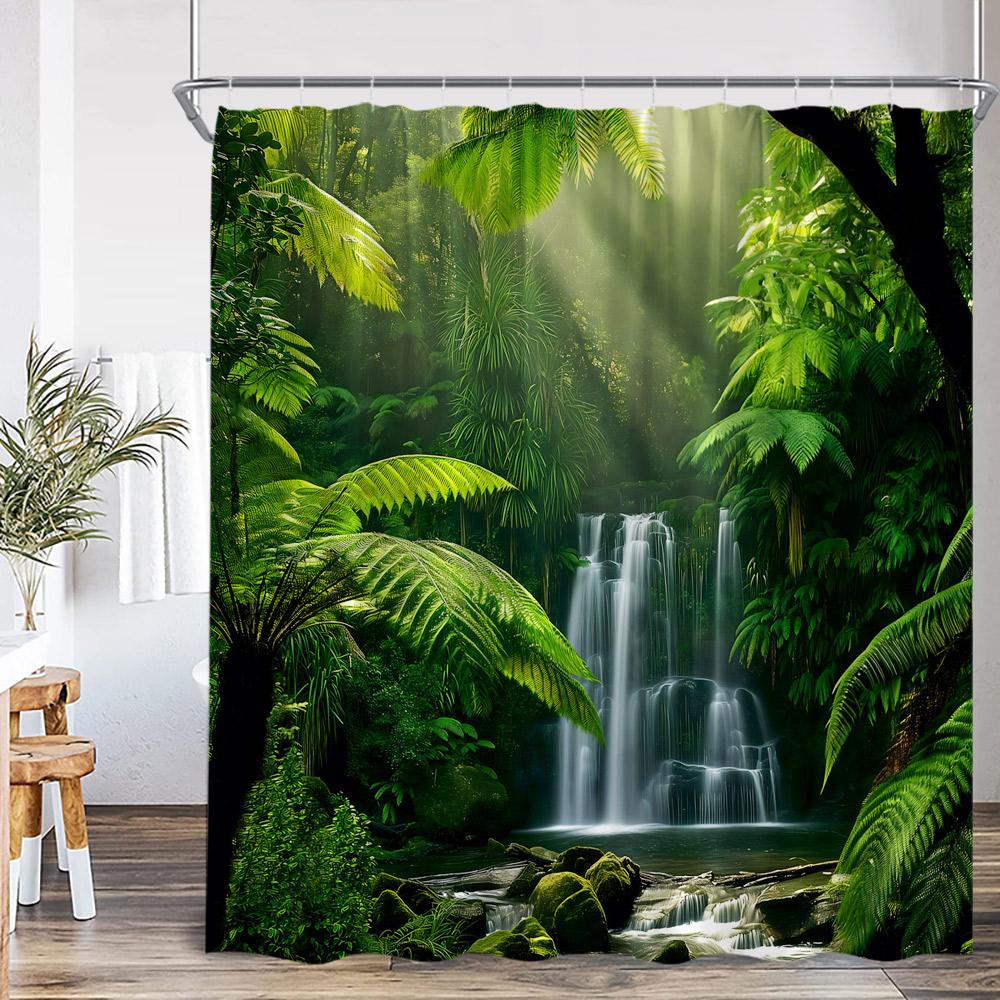 Natural Landscape Waterfall Forest Shower Curtain Scenery Green Leaves Plants Bathroom Decor Polyester Bath Curtain for Home
