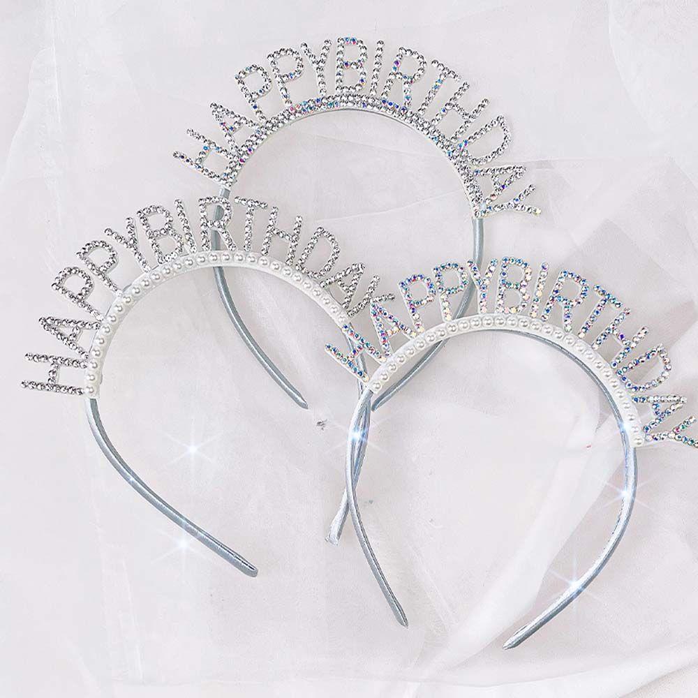 Pearl Zinc Zinc Alloy Queen Letter Birthday Hair Hoop Rhinestone Crown Happy Birthday Headband Female Jewelry