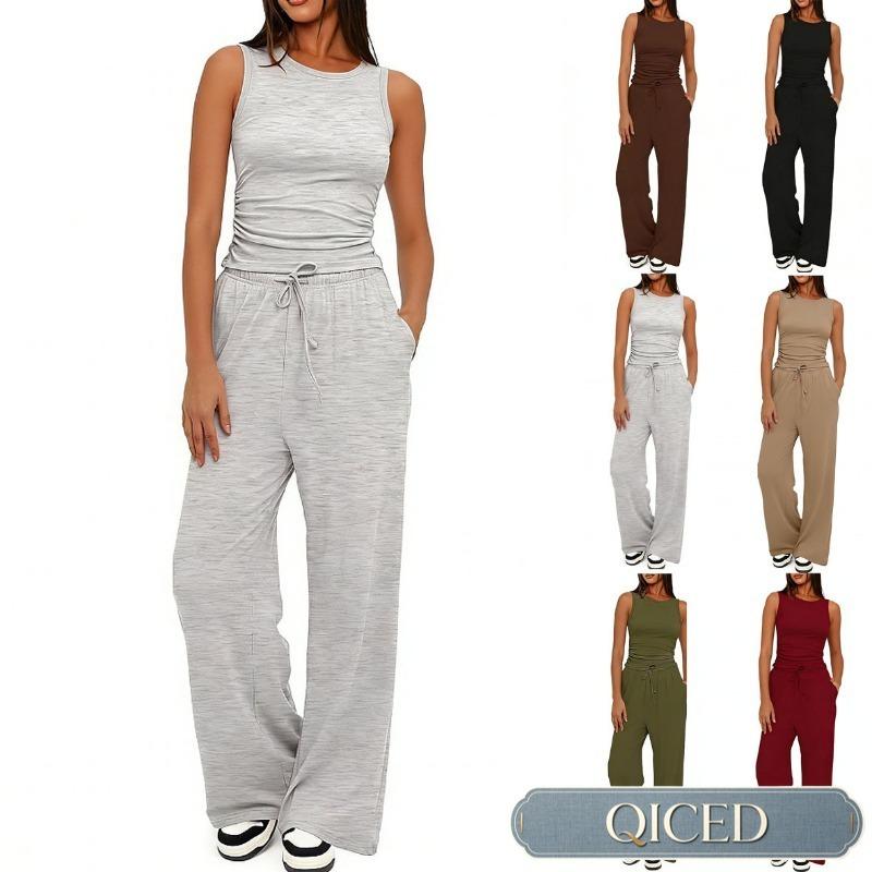 QICED Women's Summer Spring Fashion Casual Sleeveless O-Neck Pants Suits Casual Chic