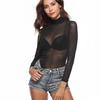 Plus Size See Through Long Sleeve Black Bodysuits TOPS for Women Sheer Lingerie Sexy Nightclub Party Summer Clothing