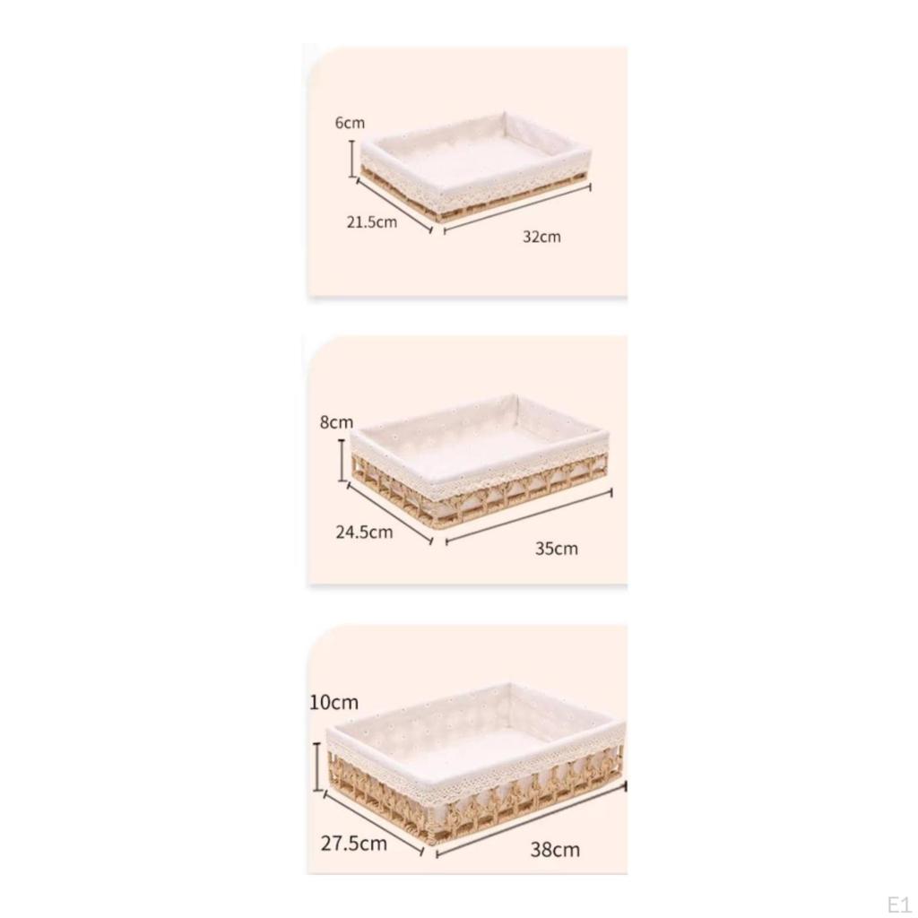 3 Pieces Woven Basket with Lining Rectangular Storage Liner Decorative Wicker Tray for