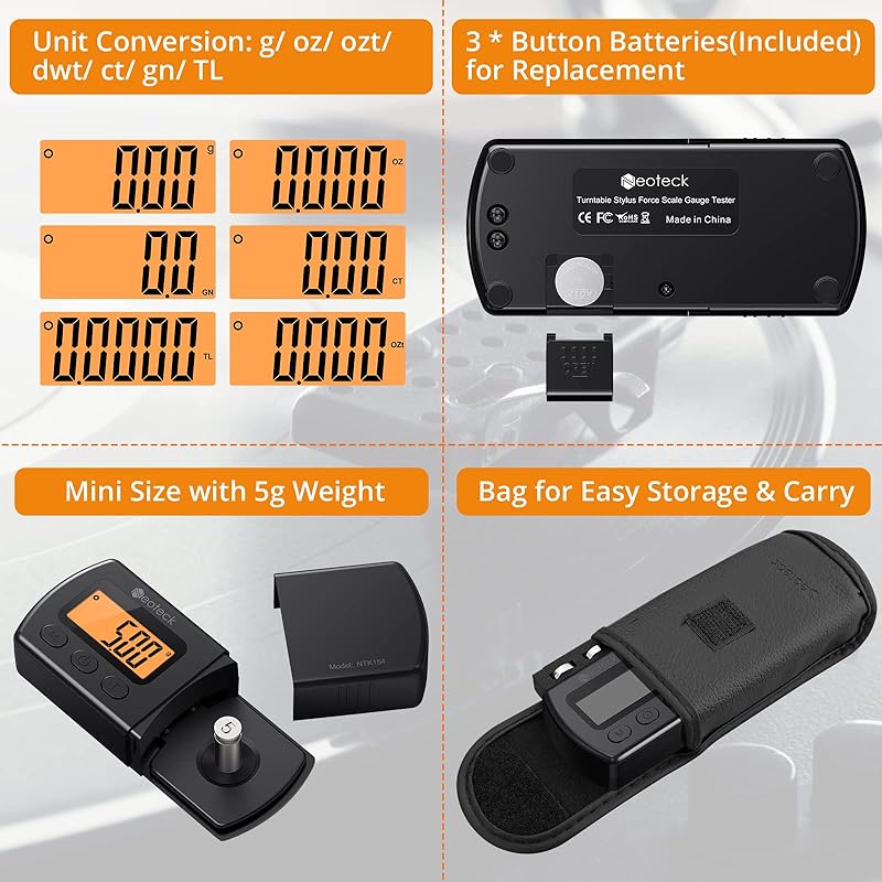 Neoteck Needle pressure gauge for record player 0-5g measurement range High precision digital LP stylus force meter record Comes with storage case 18