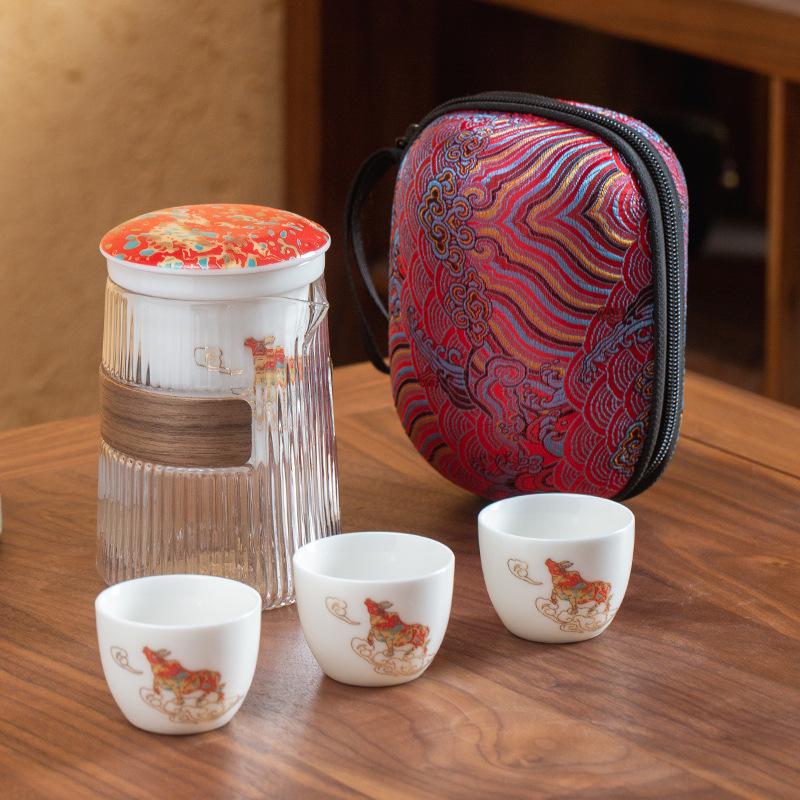 Чайный набор для путешествий на открытом воздухе Quick Cup, переносная сумка, антипригарное стекло, баранина, нефрит, фарфор, набор для кунг-фу, одна кастрюля, три чашки