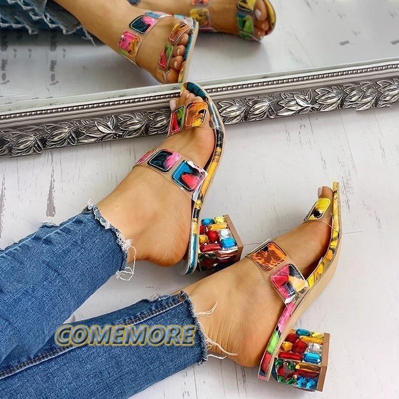 Модные женские босоножки на квадратном каблуке, летние босоножки с открытым носком, женские тапочки, разноцветные туфли на танкетке со стразами, босоножки, большой размер 41