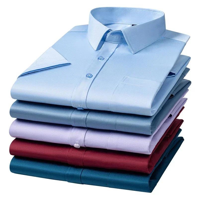 Летняя мужская рубашка Не требует глажки Антискладки Business Casual Однотонная Эластичная Гладкая С коротким рукавом Для работы Социальная