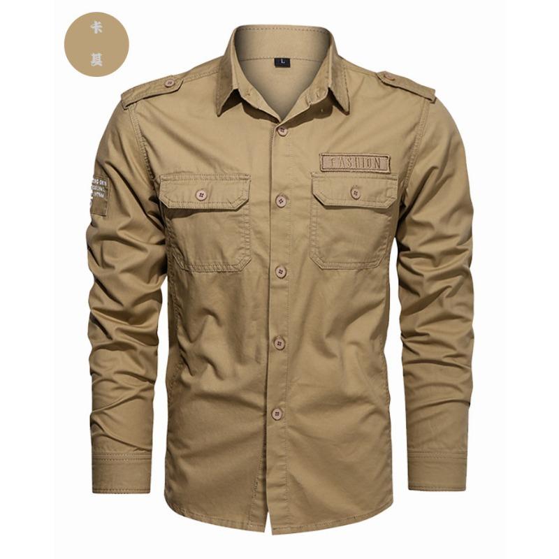 Men S Casual Military Style Long Sleeve Solid Color Shirt