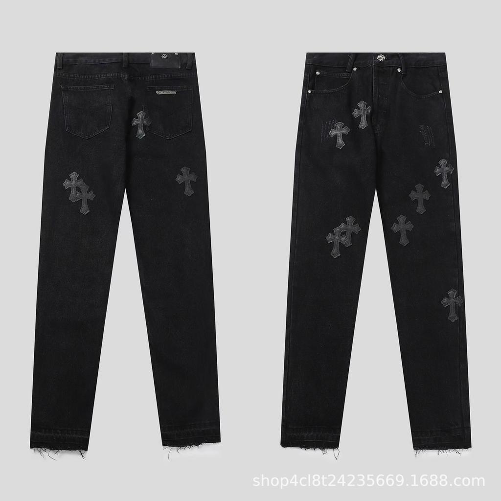 Унисекс Джинсы из выстиранного денима с кожаным ярлыком Cro Cross - Парный уличный стиль Свободный крой Длинные брюки