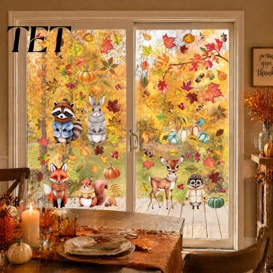 Removable Maple Leaf Decals 9 Sheets Fall Woodland Animals Window Clings, Autumn Pumpkin Scene Layout Supplies Squirrel Fox Rabbit Glass Sticker, Anti
