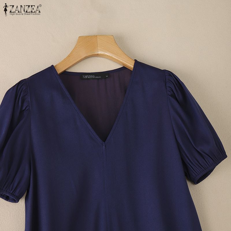 ZANZEA Women Casual V-Neck Solid Color Summer Short Sleeve Dress