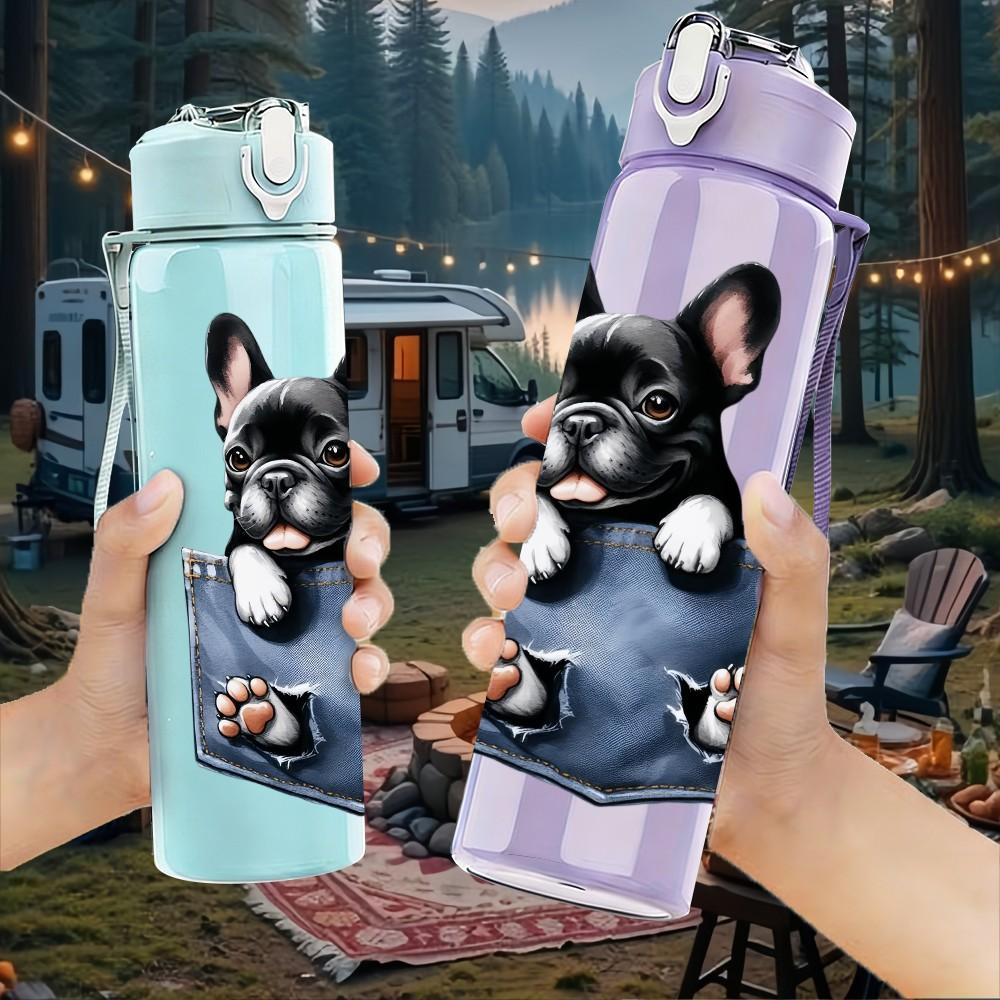 1PC French Bulldog Pocket Print 750ml Color Plastic Sports Water Bottle Leakproof Flip Straw Lid Suitable for Sports Office Home Use