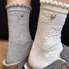 Women's Cute KT Cat Embossed Lace Bubble Mouth Long Cotton Socks, Cartoon Pendant, Mid-Calf, for Spring and Autumn.