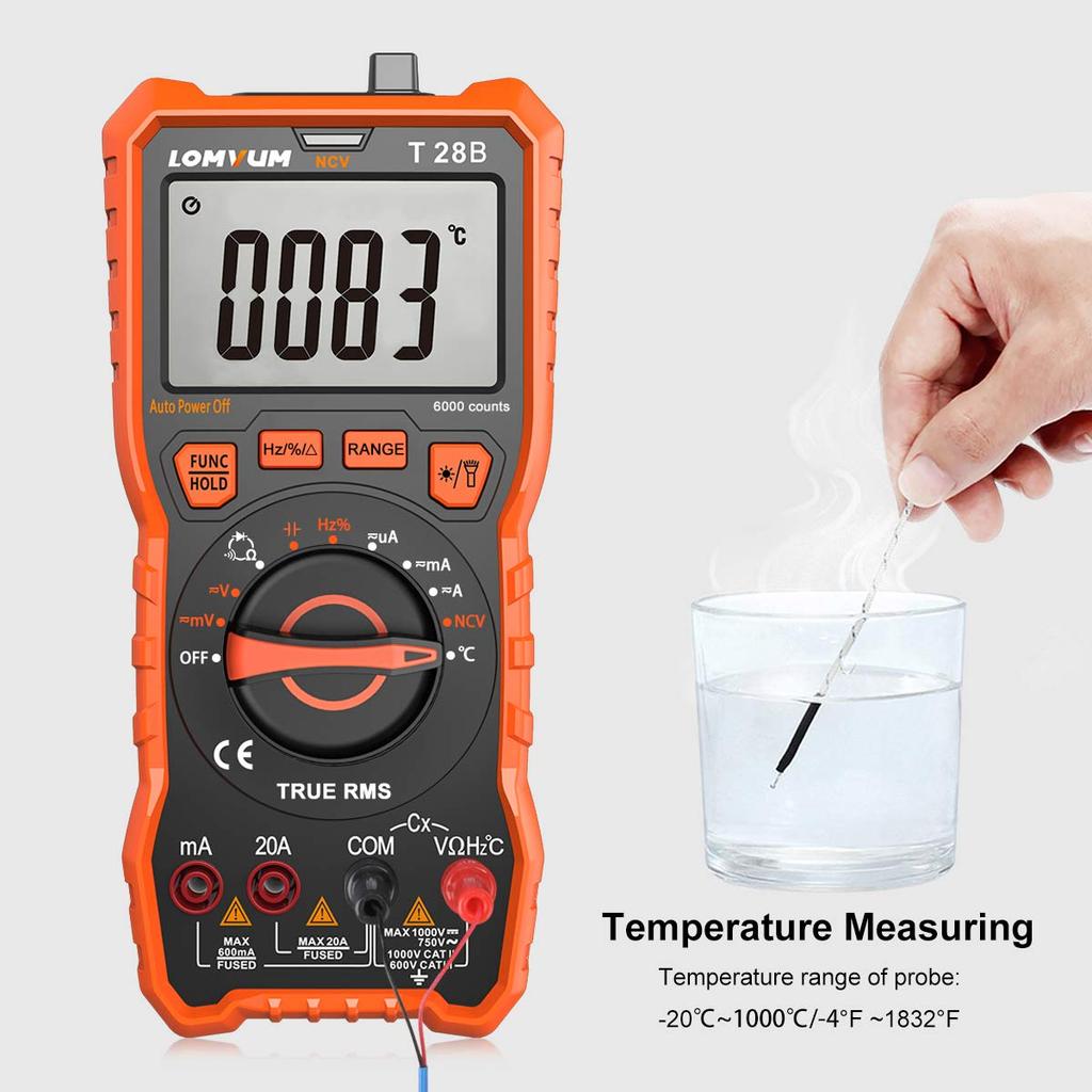 LOMVUM Digital 6000 Count Voltage Tester Meter with Backlight LCD and Flashlight Multimeter, Auto-Range Ohm, Volt, Ampere, Capacitance, Temperature,
