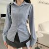 Women's Blue Striped Waist Top Long Sleeve Shirt