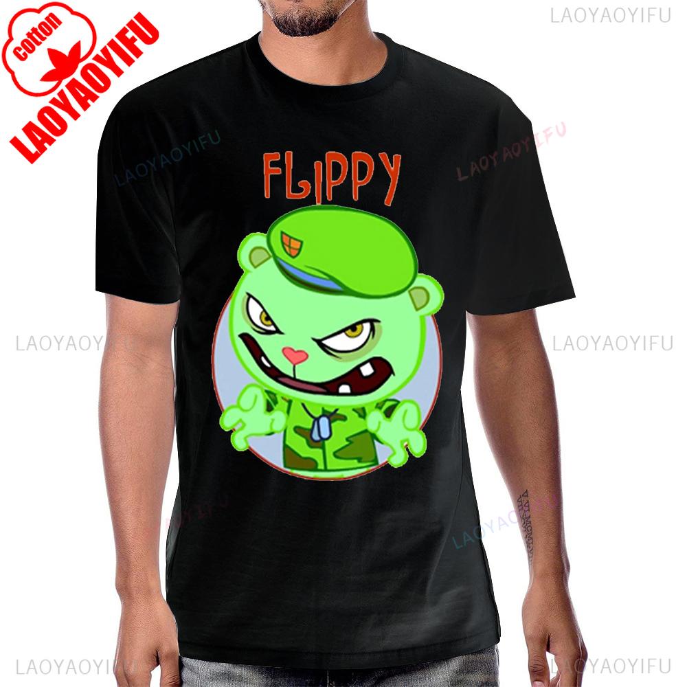 Футболка с принтом Happy Tree Friends Аниме Винтажный Мультфильм 90-е Короткий Рукав Летний Стиль Мужская Футболка Черный Юмор Графика Хлопковая Футболка