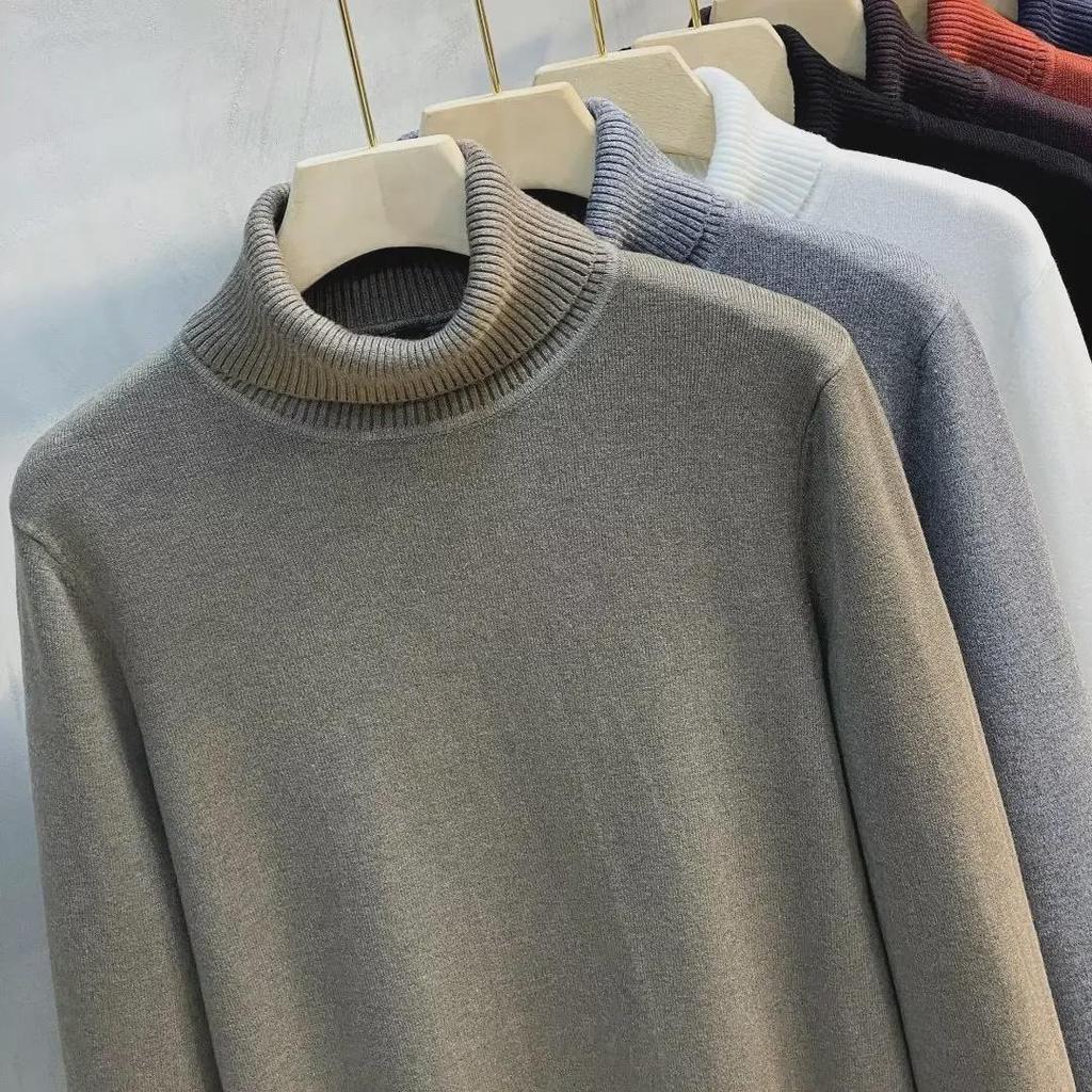 Autumn/Winter Korean Mid-Neck Men's Knitted Sweater, Trendy Half-High Collar, Solid Color Base Layer.