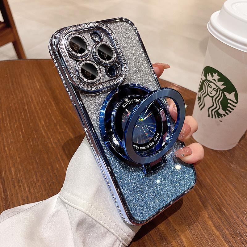 Applicable to Apple 17ProMAX mobile phone case electroplated CD pattern magnetic suction bracket IP16 gradual change rhinestone lens film protection