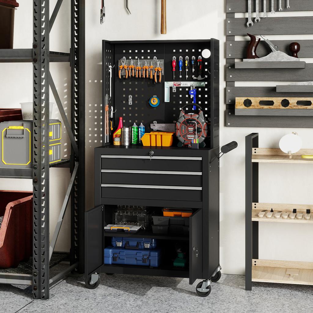 Tool Cabinet Tool Box On Wheels With Pegboard 3 Drawers For Garage And Workshop Black