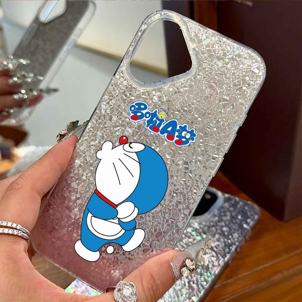 Свободный чехол Дораэмон для iphone 15 Air 17 Pro XS Max 14 XR 12 16 Plus 11 18 Pro Max 13 Серебристый фон с трещинами и блестками
