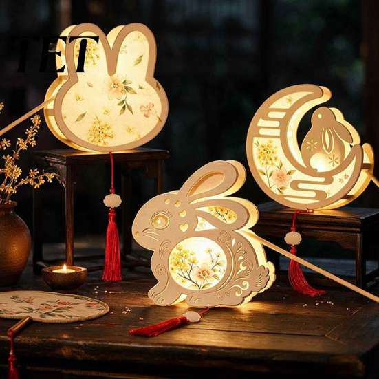 Quaint Wooden Frame Lantern DIY Chinese Ancient Style Kit, Light Up Handheld with LED String & Hanfu Photography Props Tassel, Rabbit Butterfly Lotus