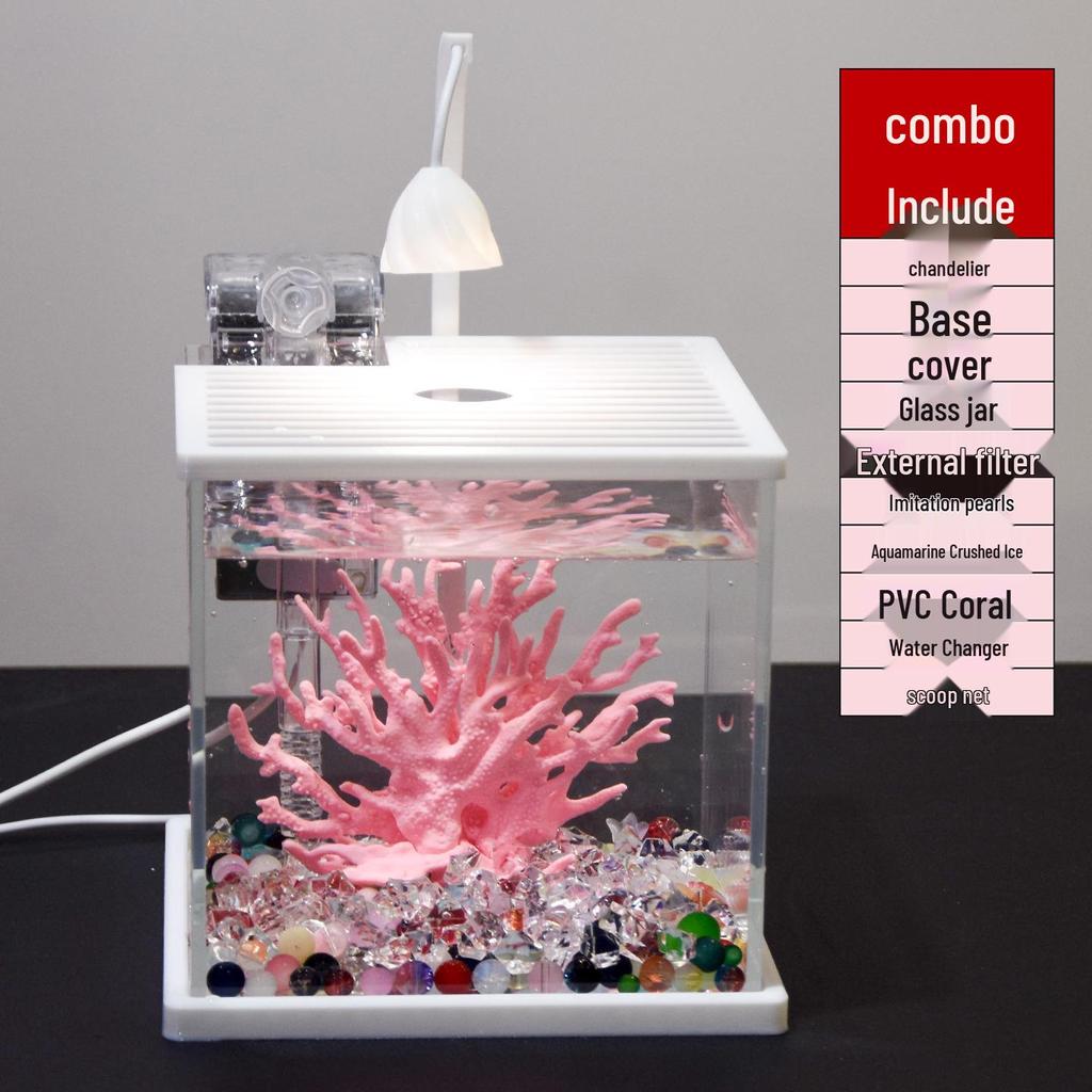 Mini Ultra-White Glass Fish Tank with Rose Light - Transparent Betta Tropical Fish Eco-Tank