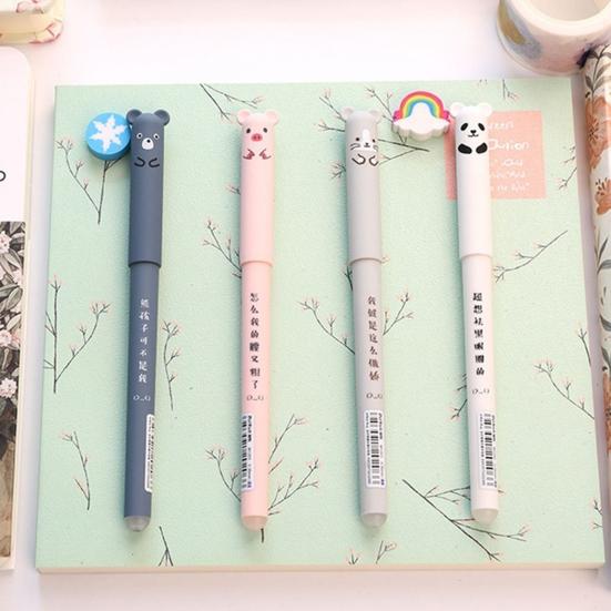 4Pcs Gel Pen Cartoon Animal Pattern Waterproof Plastic Erasable Rollerball Pens