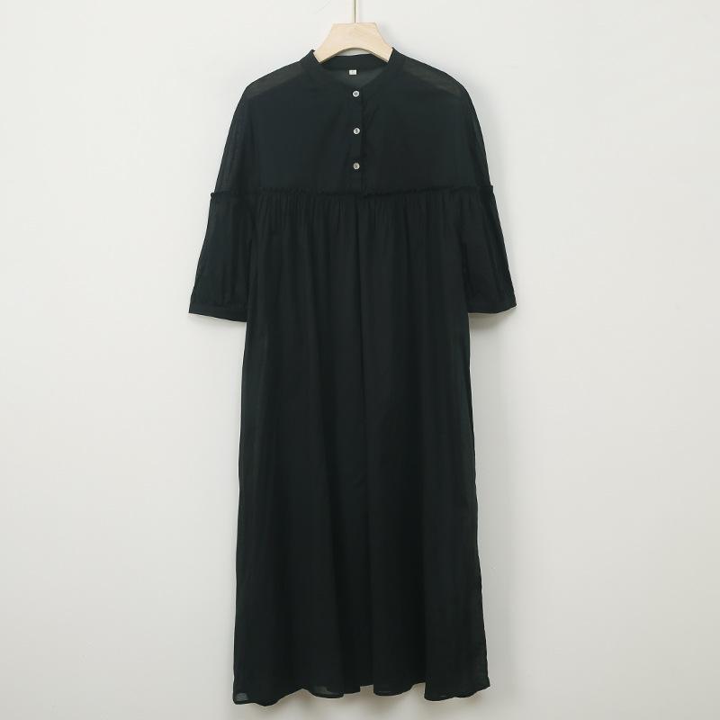 Johnature Женские повседневные платья с высокой талией, стойка, рукав девять, однотонное, из мягкой ткани, летнее, свободное платье А-силуэта