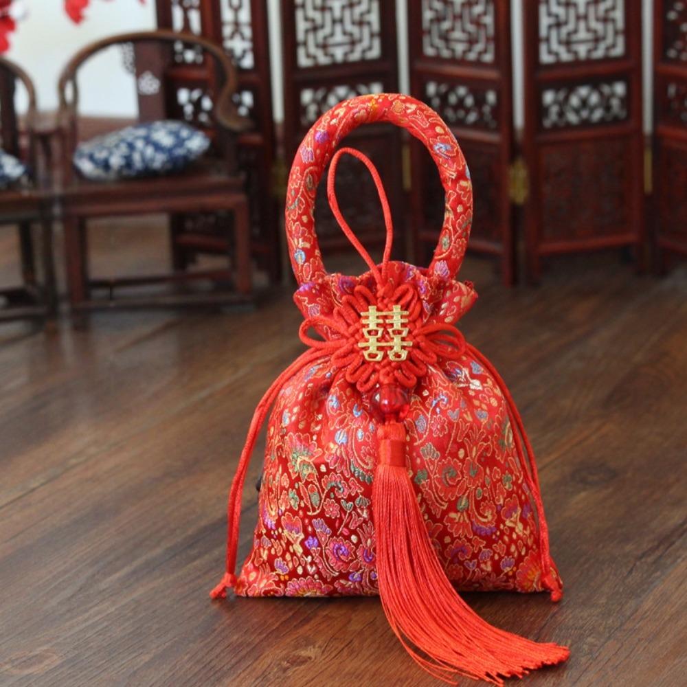 Chinese Style Canvas Flower Drawstring Bag Dragon Phoenix Chinese Knot Tassel Handbag Korean Style Jewerly Packing Bag