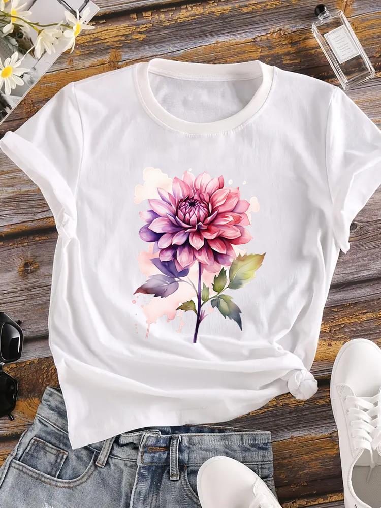 (Asian Size) Lovely Flower Trend Cute Short Sleeve T Shirt Casual Tee Top Fashion Women Clothing Printed O-neck Ladies Female Graphic T-shirts