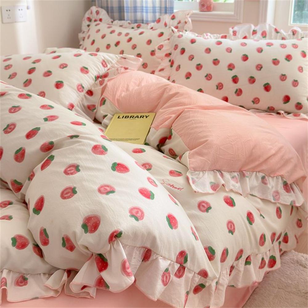Ins Style Korean Princess Washed Cotton Four Piece Set Fresh Lace Duvet Cover Set, Bed Sheet Three Piece Set On the Bed