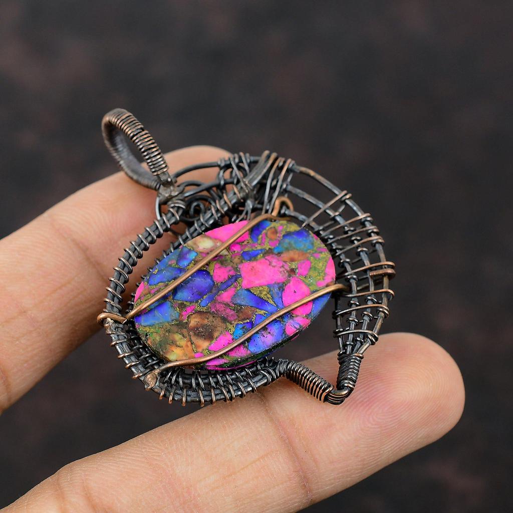 Натуральный бирюзовый кулон Kingman Pink Dahlia, обернутый медной проволокой, ювелирное изделие ручной работы, кулон с драгоценным камнем для подарка, дизайнерское медное ювелирное изделие