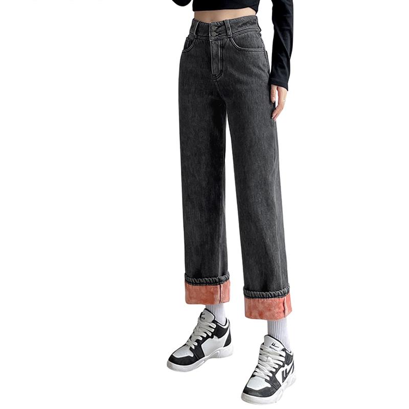 Винтажные женские джинсы с высокой талией, зимние толстые теплые уличные джинсы, широкие джинсы, женские джинсовые брюки, прямые мешковатые джинсовые брюки для мам