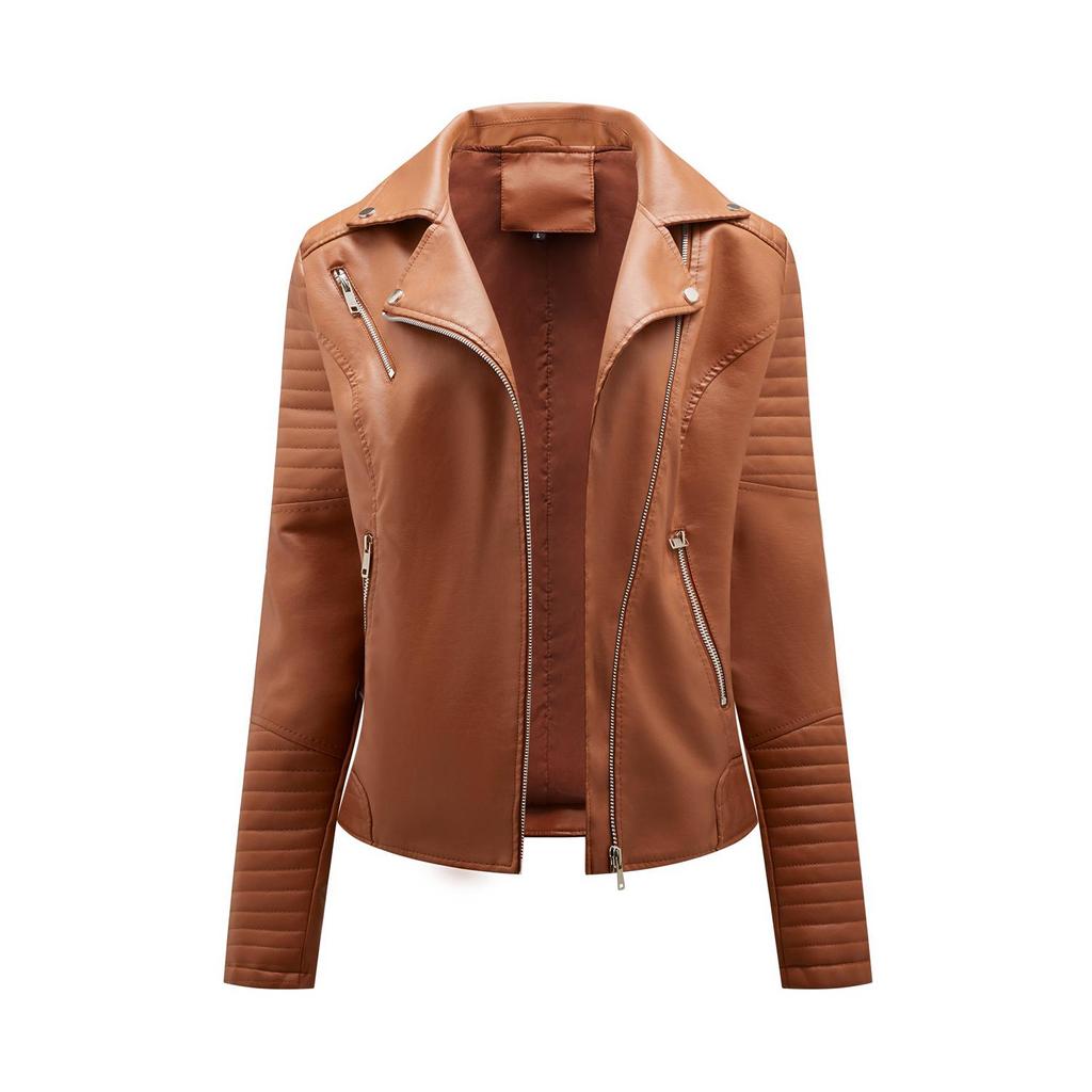 Lapel Zipper Motorcycle Leather Jacket for Women European and American Style Slim Fit Short PU Leather Jacket Fashion