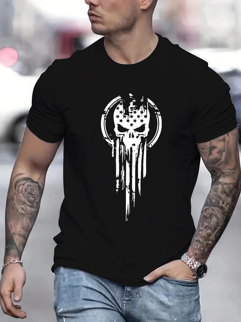 Men's Summer Loose Size 100% Cotton Skull Print Casual Slim Fit Round Neck Short Sleeve T-shirt Top O-neck Pactwork Casual T