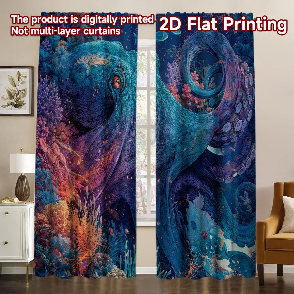 2D FLAT PRINTING 2pcs Curtains (Without Rod) Colorful Ocean Octopus Creative Popular Curtains Versatile 100% Polyester Curtains