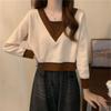 Поддельная рубашка из двух частей с V-образным вырезом контрастного цвета, трикотажная нижняя часть, весеннее и осеннее пальто с узким свитером для невысоких женщин, короткий топ